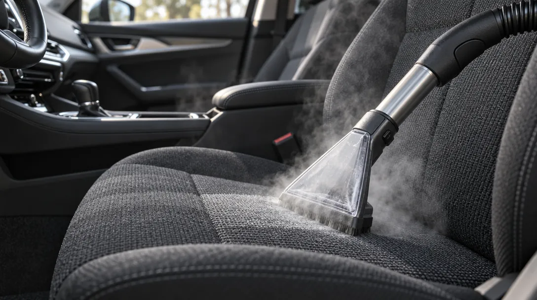 3D render of dry steam cleaning a car seat