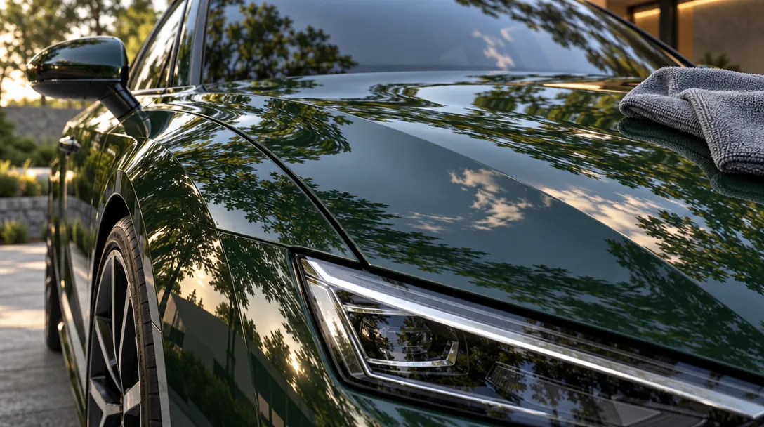 3D render of flawless dark green paint finish with reflections