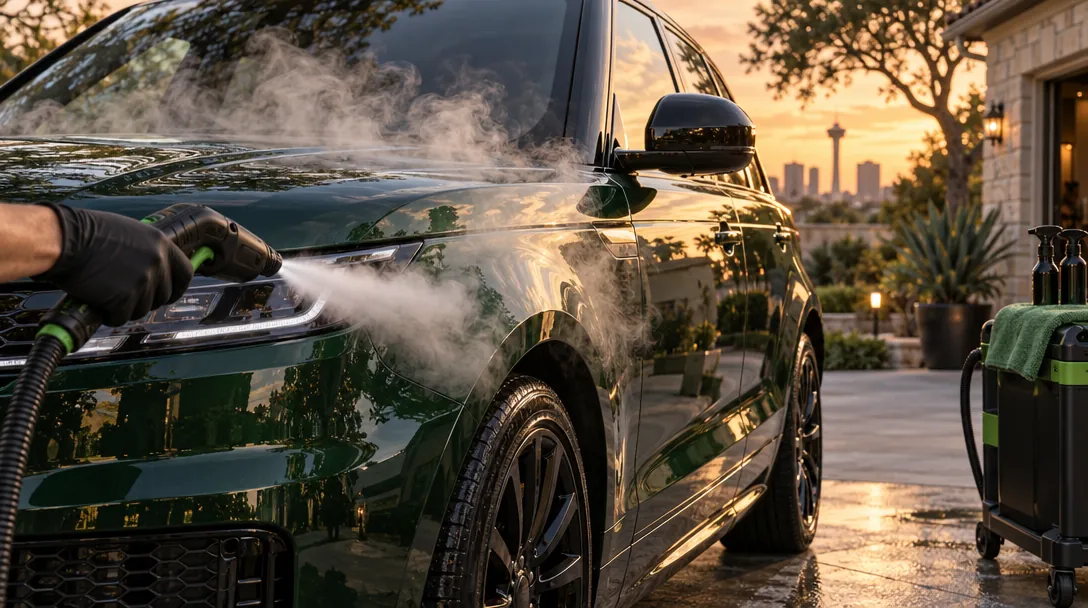 3D render of a green SUV mid steam-detail with mirror-gloss paint